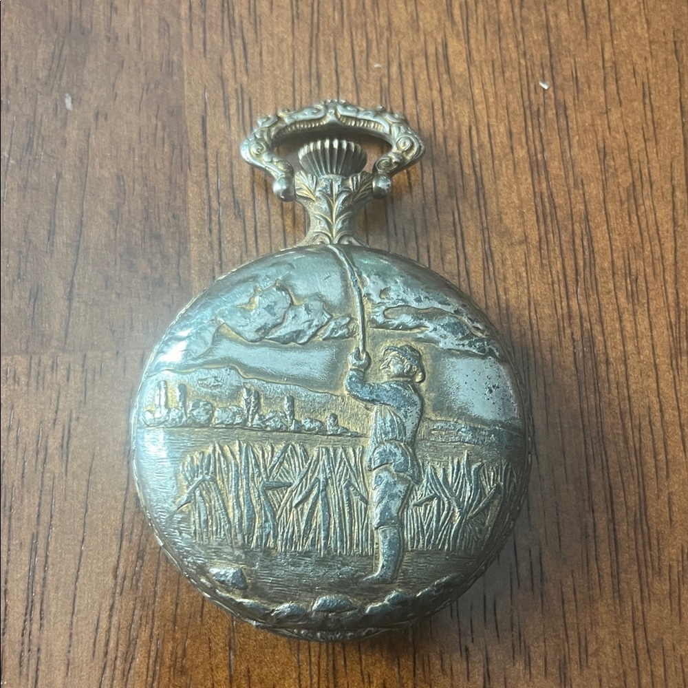 Vintage Brass Pocket Watch with Fishing Scene